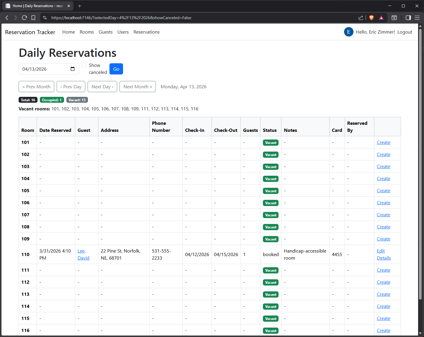 Screenshot of the Reservation Tracker app